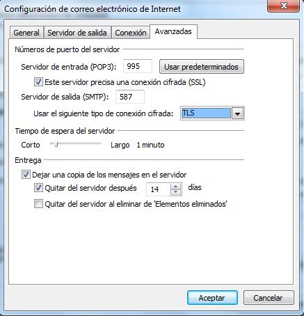 Step 10: On the Advanced tab: If your type account is POP3, keep the default port for incoming server, activate the Este servidor precisa una conexión cifrada (SSL) (This server requireds an SSL