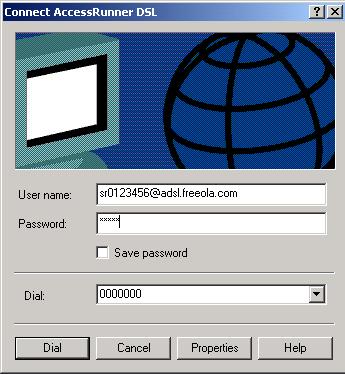 Getting Online 1. Click the Access Runner DSL icon on the desktop. 2. Enter your ADSL Connection User ID (sr0123456@adsl.freeola.net), Connection Password and Phone Number as 000000. N.B.