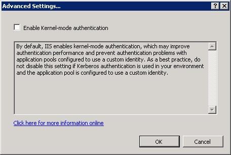 Uncheck Enable kernel-mode authentication and click OK. Tighten K2 Report Structure for Shared SSRS Service Note that the use of SSRS is optional. 8.