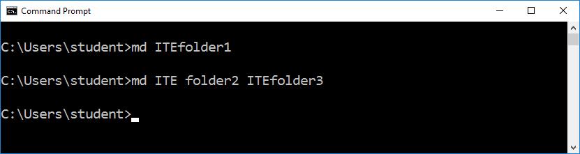 Lab - Common CLI Commands in Windows 10 c. In the current directory, use the md command to create three new folders: ITEfolder1, ITEfolder2, and ITEfolder3. Type md ITEfolder1 and press Enter.