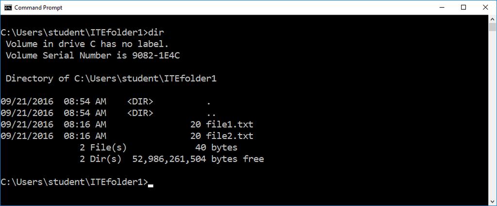 Lab - Common CLI Commands in Windows 10 d. At the prompt, type dir to display the content of ITEfolder1. Only the files in the ITEfolder3 were copied into ITEfolder1.
