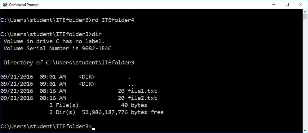 Lab - Common CLI Commands in Windows 10 Step 7: Delete directories. In this step, you will delete an empty and a non-empty directory using the rd command. a. Navigate to the C:\Users\student\ITEfolder3 directory.