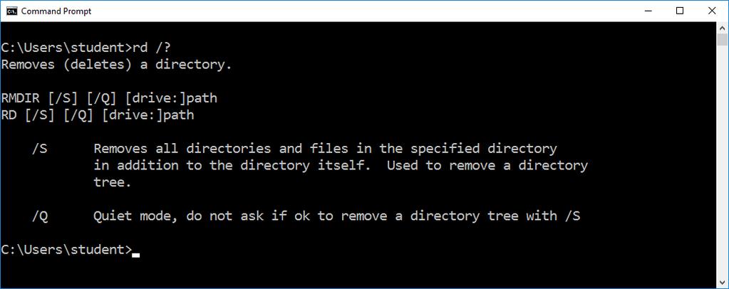 The message indicates that the directory is not empty and cannot be deleted. e. Use rd /? command to determine the switch that allows the deletion of a non-empty directory.