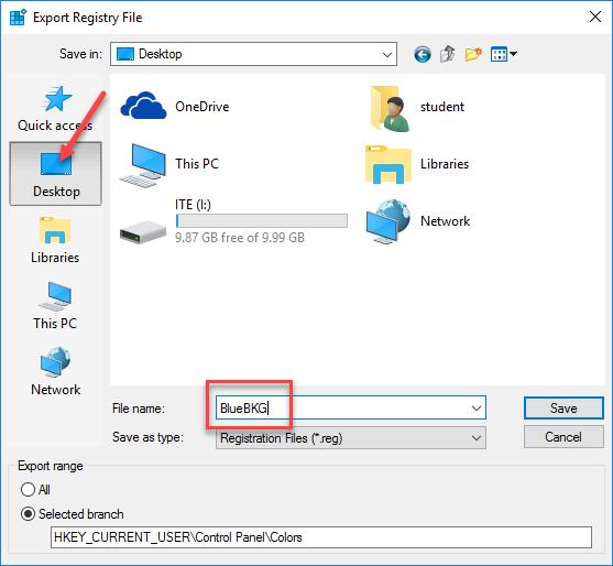 Lab - System Utilities in Windows 10 Step 5: Export a registry key. We will now export the HKEY_CURRENT_USER\Control Panel\Colors folder. a. In the left pane, right-click the Colors folder and click Export.