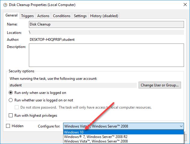 Lab Task Scheduler in Windows 10 b. Select the task Disk Cleanup and then click Properties in the right pane. c. The Disk Cleanup Properties (Local Computer) window opens.