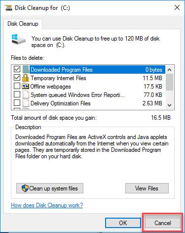 Lab Task Scheduler in Windows 10 d. Once the Disk Cleanup process completes, the Disk Cleanup for Local Disk (C:) window opens. Click Cancel.