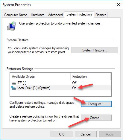 Lab System Restore in Windows 10 c. Click the System Protection tab in the System Properties window and then click Create.