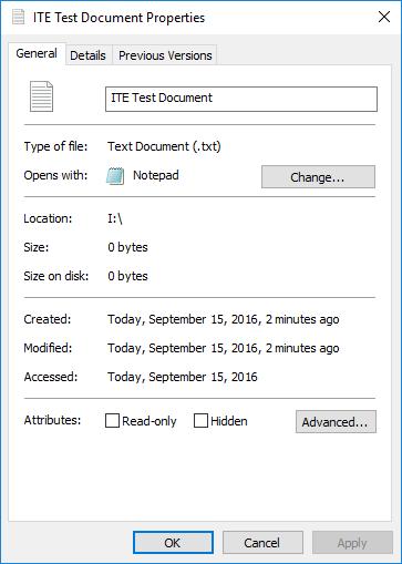 Lab Create a Partition in Windows 10 c. Right-click on the ITE Test Document and choose Properties. This opens the ITE Test Document Properties window.