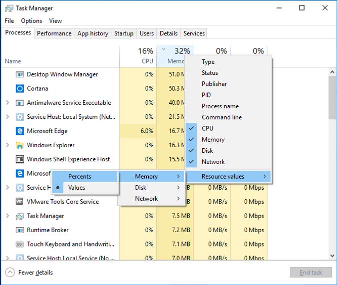 Lab Task Manager in Windows 10 c. Right-click on the Memory heading, and then select Resource values > Memory > Percents. What affect does this have on the Memory column? How could this be useful? d. Open a browser.