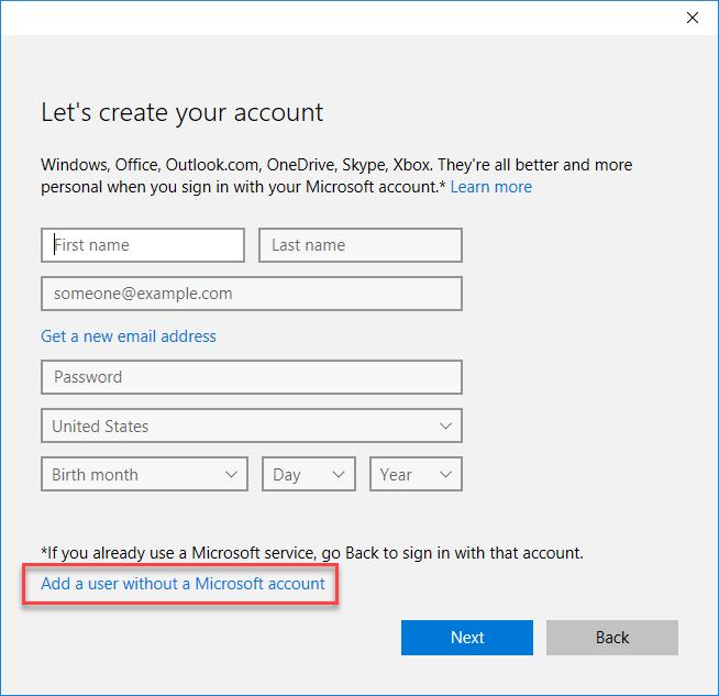 Lab - Create User Accounts in Windows 10 e. The Let s create your account? window opens. Click Add a user without a Microsoft account. a. The Create an account for this PC window opens.