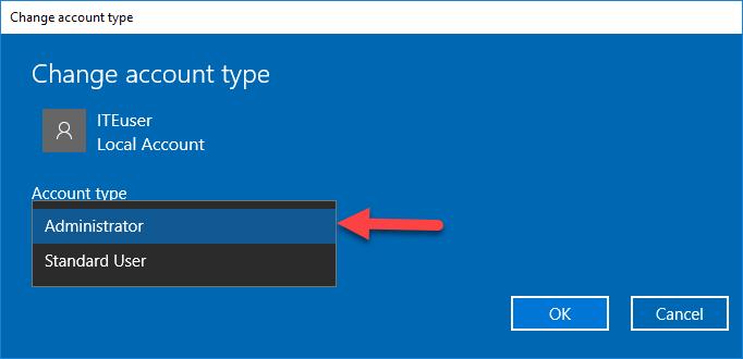 Lab - Create User Accounts in Windows 10 b. The Change account type window opens. Select Administrator as the account type. Click OK. Step 4: Delete the Account a.