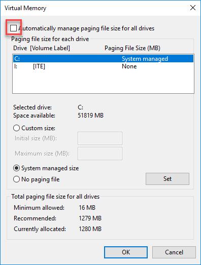 Lab Manage Virtual Memory in Windows 10 b. Remove the check mark from Automatically manage paging file size for all drives.
