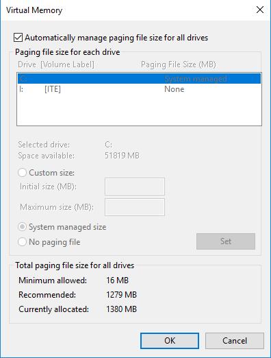 Lab Manage Virtual Memory in Windows 10 Step 4: Reset the virtual memory back to the original settings. a. Select drive C: [Local Disk] > System managed size > Set. b. Select I: > No paging file > Set.
