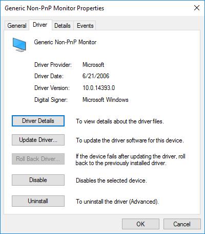 Lab Device Manager in Window 10 c. The Generic Non-PnP Monitor Properties window opens. Select the Driver tab.