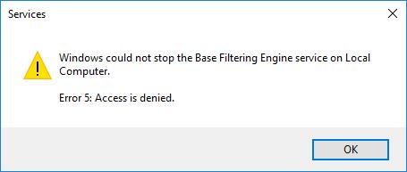 Windows should not let you stop BFE if the Windows Defender service is displayed in the Stop Other Services window.