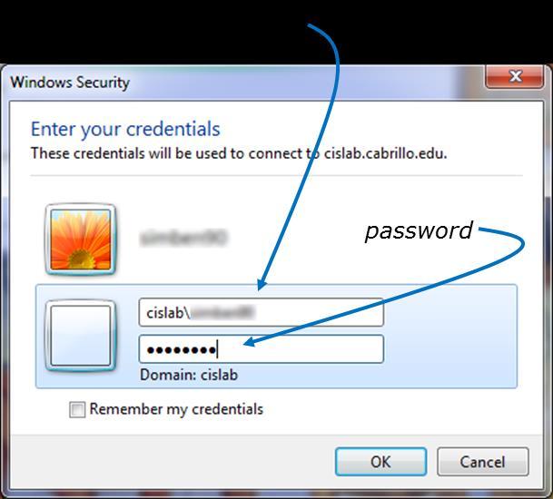 When prompted for credentials, select Use another account and type cislab\username