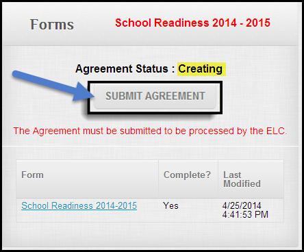 25. The Agreement Status still says Creating and you will see a gray button titled Submit Agreement.
