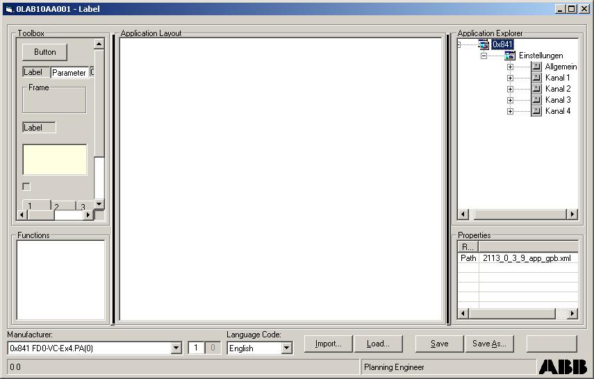 PROFIBUS Application Editor Section 2 Application First, the brief overview of the tool: Figure 17. Application Editor: Initial view The Builder GUI displayed has various sections.