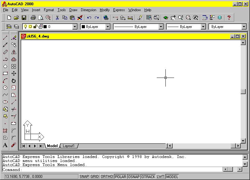 menu menu bar Standard toolbar Draw toolbar Modify toolbar drawing area Object Properties toolbar crosshairs cursor user coordinate system (UCS) icon Model tab and layout tabs command window command