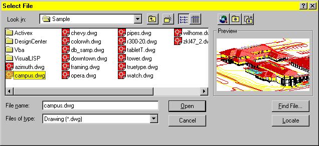 Opening Existing Drawings To open an existing AutoCAD drawing, you can select Open a Drawing in the Startup dialog box or, if AutoCAD is already started, choose Open from the File menu.
