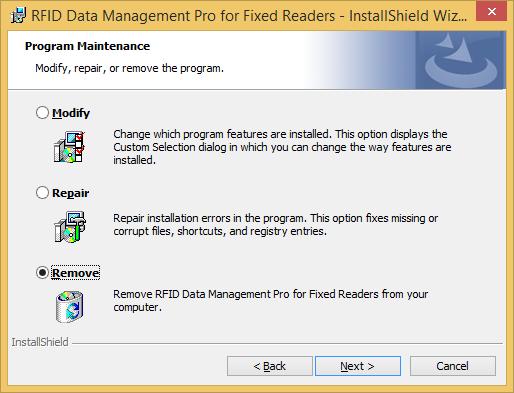 4 Uninstallation 4.1 Uninstall the RFID Data Management Pro for Fixed Readers This section explains how to uninstall the RFID Data Management Pro for Fixed Readers.