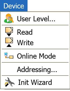 Menu bar 2.4 [Device] 2.4.1 Changing the user level Right of access to certain folders and parameters is assigned in some modules depending on the user level.