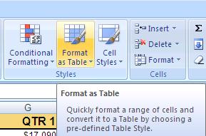 Table Formatting You can now easily format a large data sheet. This is similar to the table formatting available in Word as shown earlier in this class.