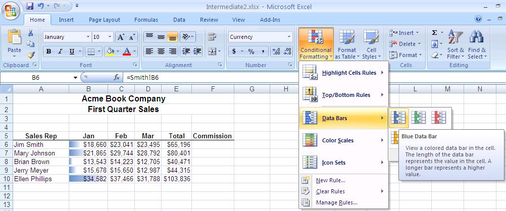 Conditional Formats Excel 2007 has advanced features allowing you to format a data range quickly to see trends or highlight important information. 1. Select a range of numerical data. 2. From the Home tab of Excel, click Conditional Formatting.