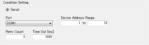 < 2. Name of device scan dialog; Serial communication condition setting parts > Utilizing followings Port, (2) Device Address Range, (3) Retry Count and (4) Time Out, it sets under these conditions.