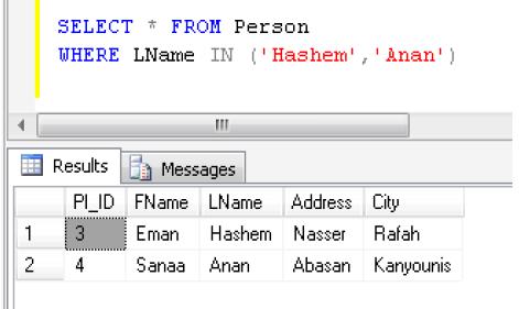 SQL IN Operator The IN operator allows you to specify multiple values in a WHERE clause. SQL IN Syntax SELECT column_names) FROM table_name WHERE column_name IN value1,value2,.