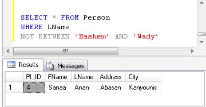 Example 2 To display the persons outside the range in the previous example, use NOT BETWEEN SQL Alias With SQL, an alias name can be given to a table or to a column.