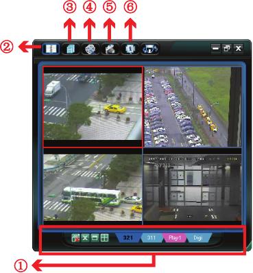 You will see a screen similar to the following with 6 major sections: Connect to only one network camera Connect to multiple network cameras (ex. 4 cameras) 1-cut display 4-cut display NO.