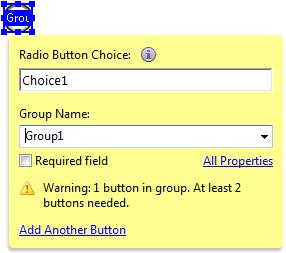 3. Position the shaded box in the proper location on the form, and then click the mouse button. Figure 22 - Radio Button Form Element 4. Type a descriptive name for the field in the Field Name box. 5.
