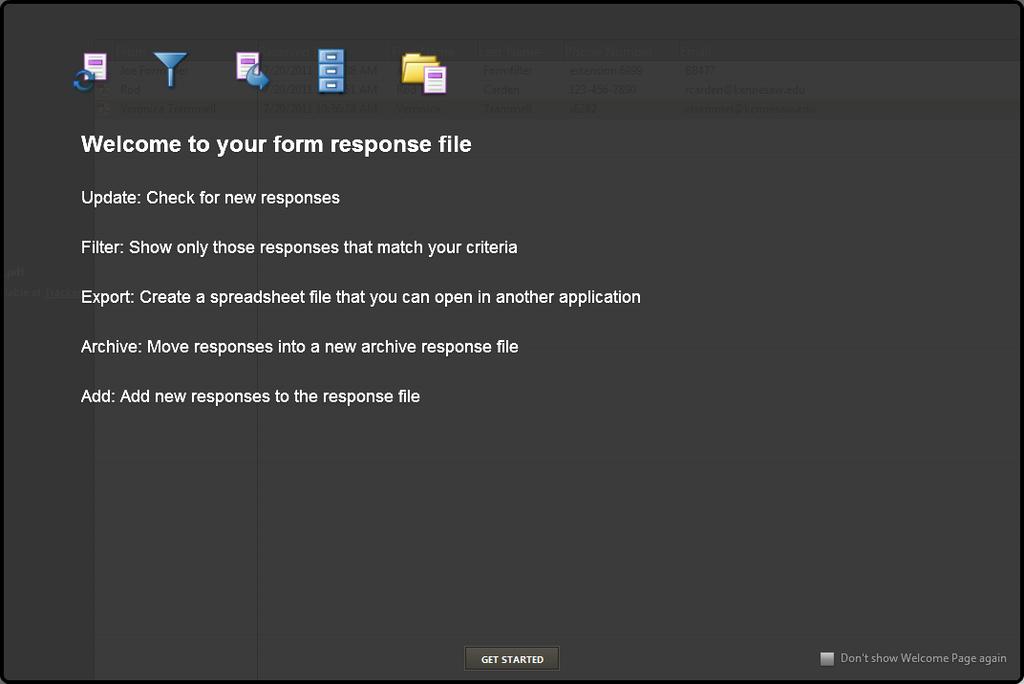 Figure 62 Tracker Responses Welcome Page 6. The Welcome Page lists the features that the response file provides.