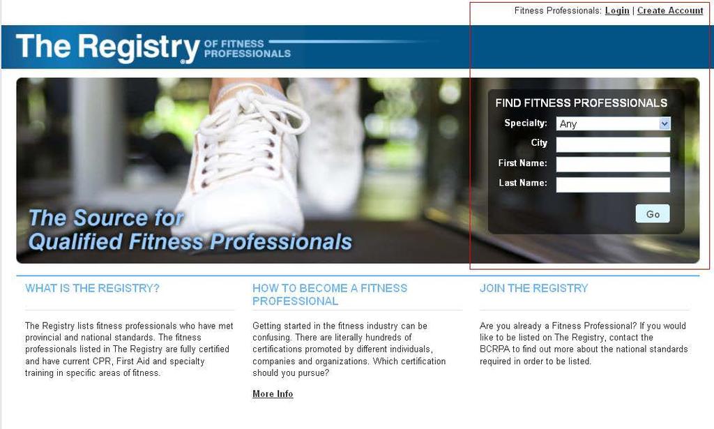 A. SETUP AND OVERVIEW OF THE REGISTRY I. The Registry Home Page Go to The Registry home page at www.thefitnessregistry.com From here you are able to: 1.