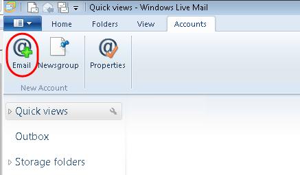 Windows Live Mail setup Step 1 Open Windows Live Mail. Click the Accounts tab and select Email in the New Account section.