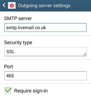 Step 5 For the Outgoing settings, enter the following details in the text boxes provided: SMTP server: Enter smtp.livemail.co.uk. Security type: Set to SSL.