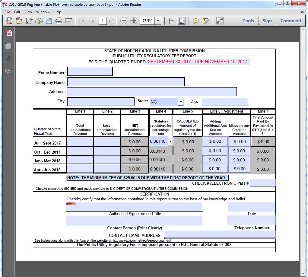 Then the complete Regulatory Fee Report form comes up and displays as seen below.