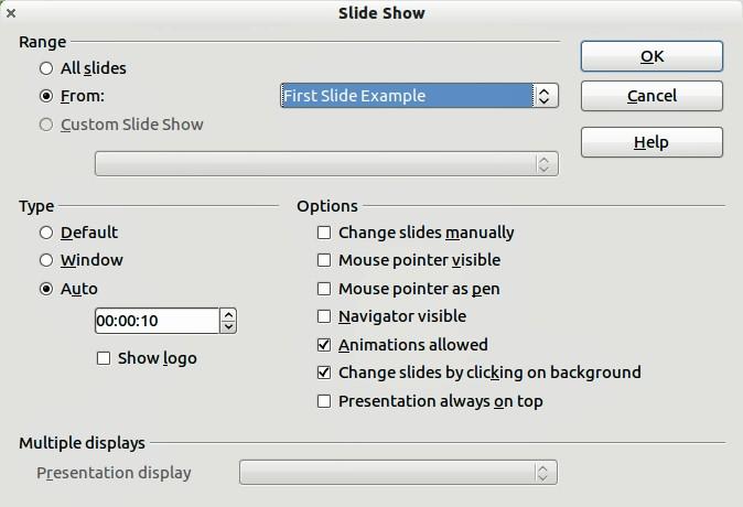 Putting together a slide show LibreOffice Impress gives you the tools to organize and display a slide show, including: Which slides to show and in what sequence Whether to run the show automatically