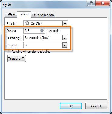 To open the Effect Options dialog box: 1. From the Animation pane, select an effect. A drop-down arrow will appear next to the effect. 2. Click the drop-down arrow, and select Effect Options.