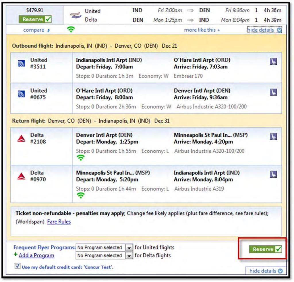 The detail drop-down shows each leg of the trip and carriers. If the flight is acceptable, click the Reserve button.