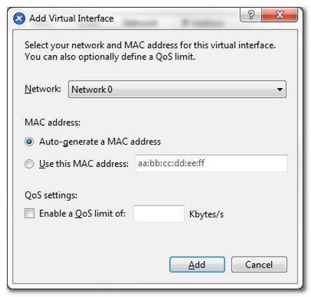 9. On the Add Virtual Interface dialog, select the network and click Add.