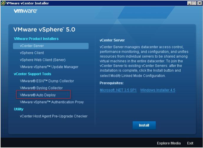 The Auto Deploy Windows Installer is included with the vcenter installation media. From the main installation menu, choose the option to install the Auto Deploy server. Figure 4.