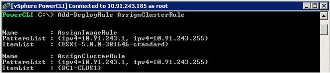 New-DeployRule Assign Cluster Next, we activate the rule by moving it into the active rule set. PowerCLI C:\> Add-DeployRule AssignClusterRule Figure 18.