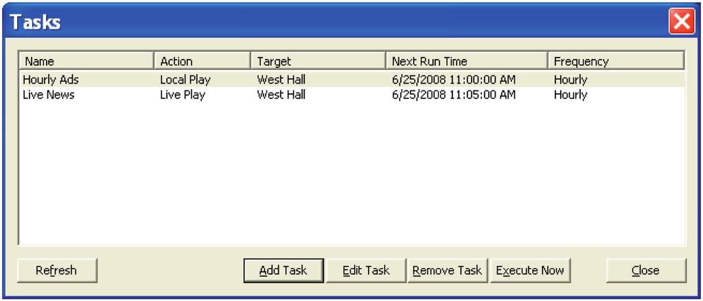 MediaCento IP Video and Audio over IP Transmitters and Receiver 3.4.1 Scheduled Tasks Dialog The scheduled tasks dialog shows the list of tasks currently defined.
