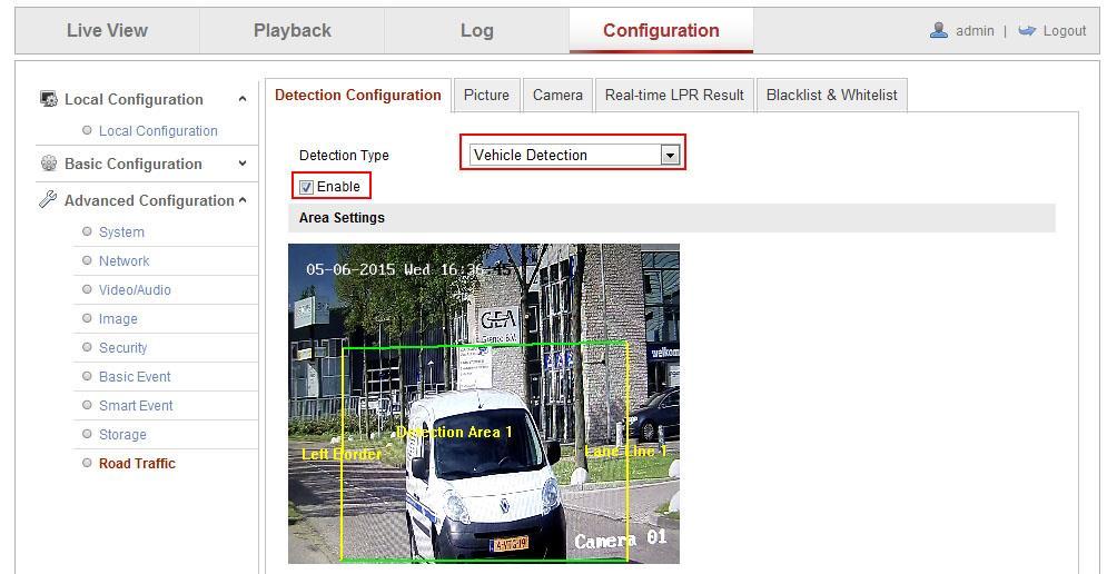 Fig.2 Enable Vehicle Detection 3. Then select the lane number and the region in the corresponding dropdown list. Up to 4 lanes and three kind of regions are selectable. Fig.