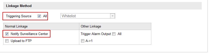 10 Triggering Source Configuration Notify Surveillance Center is checked by default, and other linkage methods such as Upload to FTP and Trigger Alarm Output is selectable. Fig.