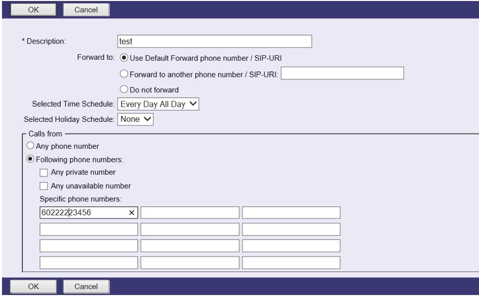 STEP 2 Determine the correct dialing patterns (7, 10, or 11) STEP 3 STEP 4 Enter the phone number the user wishes to forward to in the Default Call Forward to/ SIP-URI box.