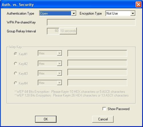 security setting This screen accessed by clicking Security Setting on the previous SoftAP Configuration screen lets you to configure the authentication mode and encryption algorithm used within the