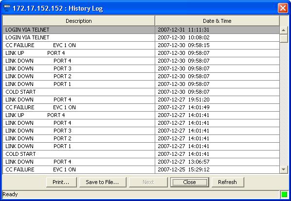Chapter 7 Fault Management User s Manual Viewing the History Log 7.5 Managing the History Log You can view a history log of all the alarms listed in the ETX-102/201/202 System Alarm Buffer.